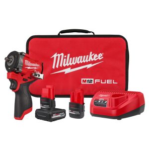 Milwaukee M12 FUEL™ Stubby 3/8&quot; Impact Wrench, 2 M12 Batteries, a Battery Charger, and a Kit Bag