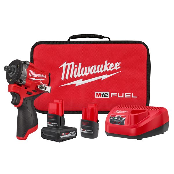 MILWAUKEE M12 FUEL™ Stubby 1/2&quot; Impact Wrench, 2 M12 Batteries, a Battery Charger, and a kit case.