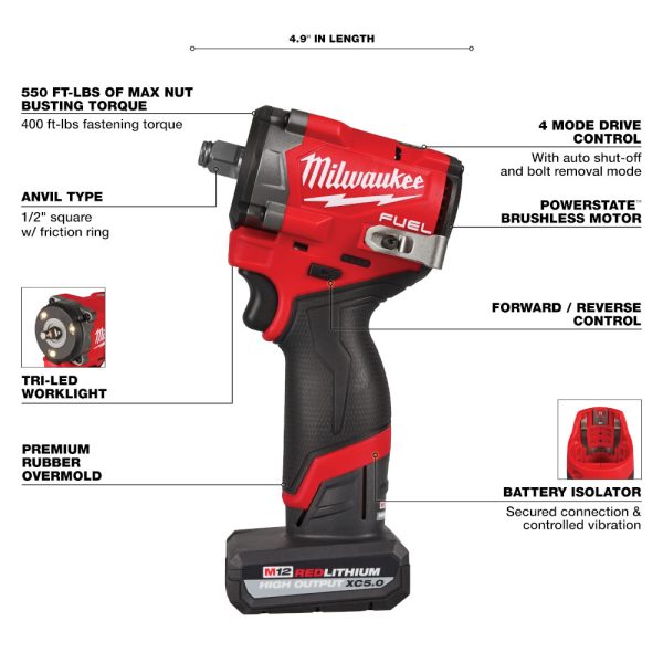 MILWAUKEE M12 FUEL™ Stubby 1/2" Impact Wrench Kit - Image 2