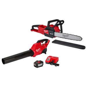 Milwaukee M18 16&quot; chainsaw with bar, chain, sheath, and handles and Milwaukee M18 Blower with a battery and a battery charger