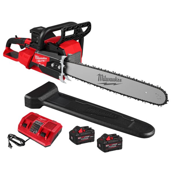 MILWAUKEE M18 FUEL™ 20" Dual Battery Chainsaw Kit includes a chainsaw with bar and chain, a black blade guard, a 2 bay battery charger, and 2 M18 batteries