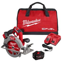 Milwaukee M18 FUEL™ 7-1/4” Circular Saw with a blade, a battery, a battery charger, and a kit bag