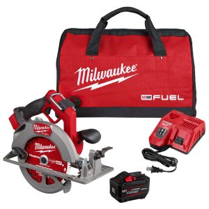 Milwaukee M18 FUEL™ 7-1/4” Circular Saw with a blade, a battery, a battery charger, and a kit bag