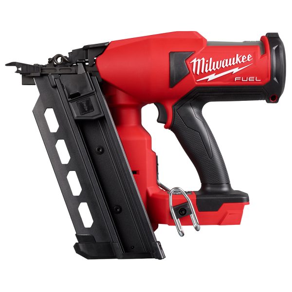 Milwaukee M18 Cordless Duplex Nailer with a black magazine and a belt hook