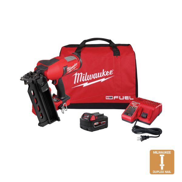 Milwaukee M18 cordless duplex nailer, a Milwaukee battery, a battery charger, and a contractor's bag