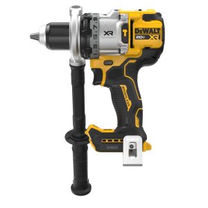 DeWALT 20V MAX* XR® Brushless Cordless 1/2 in. 3-Speed Hammer Drill with a side handle and a belt clip