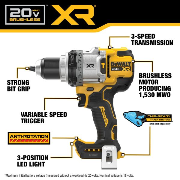 DEWALT 20V MAX* XR® Brushless Cordless 1/2 in. 3-Speed Hammer Drill (Tool Only) 3