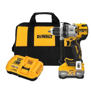 DeWALT 20V MAX* XR® Brushless Cordless 1/2 in. 3-Speed Hammer Drill with XR Battery, a fast charger, and a kit bag