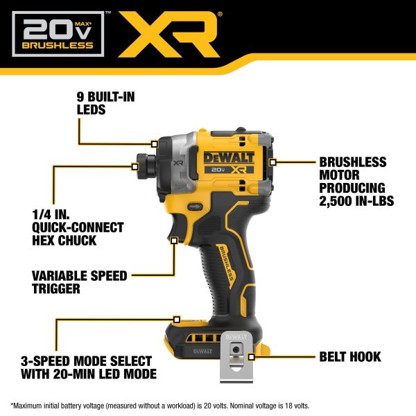 DEWALT 20V MAX* XR® Brushless Cordless 3-Speed High Torque 1/4 in. Impact Driver 3