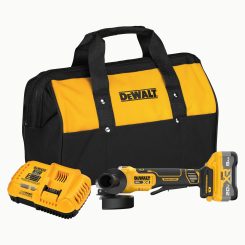 DEWALT 20V MAX* XR® Brushless Cordless 4-1/2 in. - 5 in. Angle Grinder Kit including a grinder, a Powerpack battery, a battery charger, and a kit bag