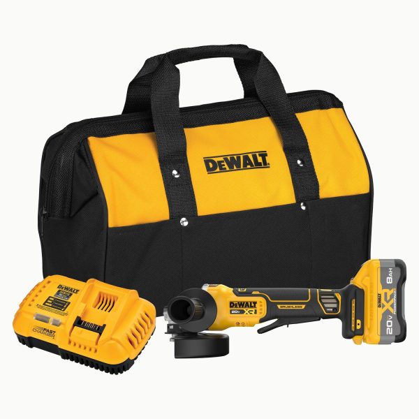 DEWALT 20V MAX* XR® Brushless Cordless 4-1/2 in. - 5 in. Angle Grinder Kit including a grinder, a Powerpack battery, a battery charger, and a kit bag