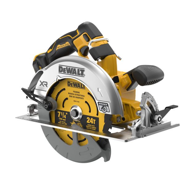 DeWALT 20V MAX* XR® Brushless Cordless 7-1/4 inch Circular Saw with a yellow blade, a blade guard, and a black handle on the front top