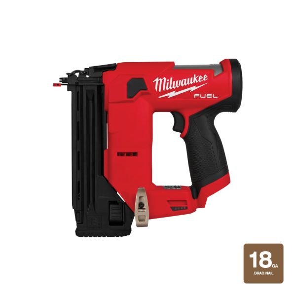 MILWAUKEE M12 FUEL™ 18 Gauge Compact Brad Nailer with a belt clip. Bottom right corner is a tag that says 18 Gauge