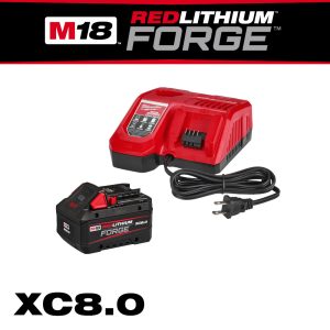 MILWAUKEE M18™ REDLITHIUM™ FORGE™ XC8.0 Starter Kit including a Milwaukee battery charger and an 8.0 ah Forge Battery