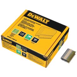 A yellow box of 960 DeWALT 1-3/4" 9 Gauge Galvanized Barbed Fencing Staples with one strip of staples out of the box in the lower right corner of the image