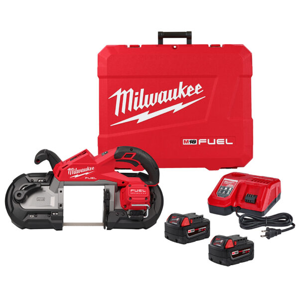 MILWAUKEE M18 FUEL™ Deep Cut Band Saw Kit including the bandsaw, 2 batteries, a battery charger, and a plastic kit case with a handle on top