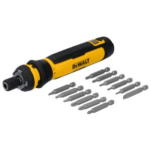 DEWALT 14 pc. Cordless Screwdriver Set with FLEXDRIVE™ Control and 12 bits spread beside the handle