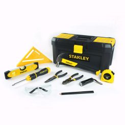 STANLEY Junior Tool Kit including a Stanley tool box, a square, a level, a screwdriver, 2 pliers, tape measure, safety glasses, flashlight, and carpenter's pencil