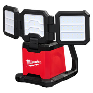 MILWAUKEE M18™ ROVER™ Dual Power Triple-Panel Flood &amp; Area Light with 3 led light panels and a red and black base