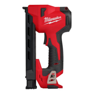 Milwaukee M12 Cable Stapler with a black magazine and a belt hook