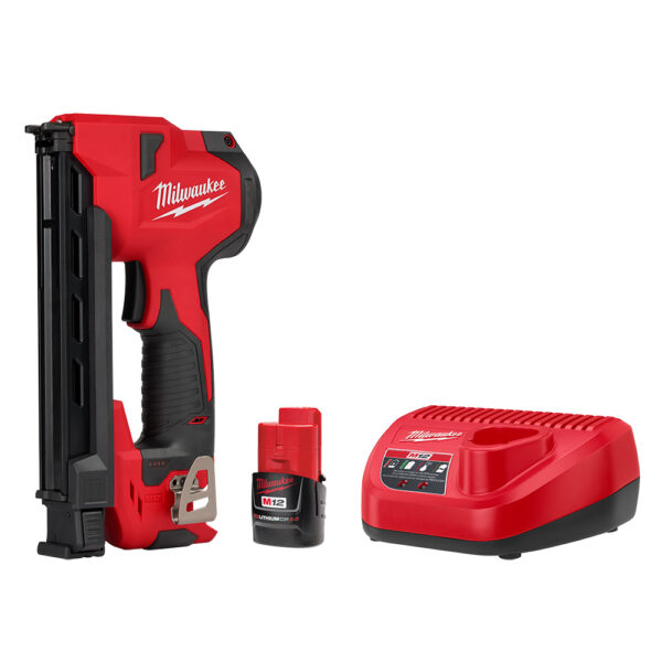 Milwaukee M12 Cable Stapler Kit includes an M12 Electrical Stapler, an M12 Battery, and a battery charger