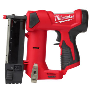 Milwaukee M12™ 23 Gauge Pin Nailer with a black magazine and a grey belt hook