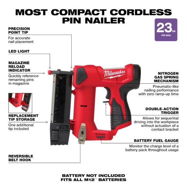 MILWAUKEE M12™ 23 Gauge Pin Nailer (Tool Only) 4