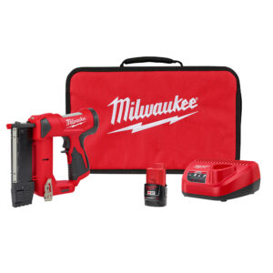 Milwaukee M12™ 23 Gauge Pin Nailer Kit including a Milwaukee pin nailer, an M12 battery, a battery charger, and a kit bag