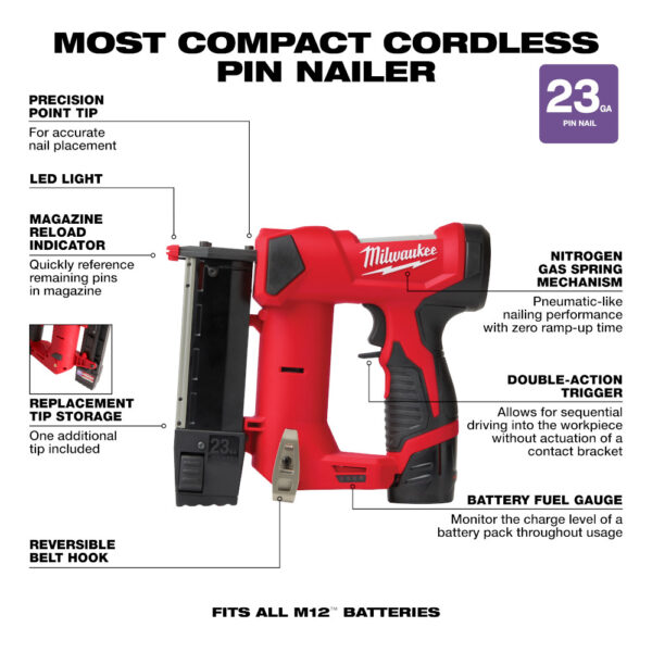 MILWAUKEE M12™ 23 Gauge Pin Nailer Kit 7