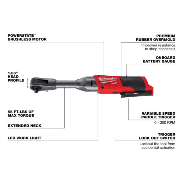 MILWAUKEE® M12 FUEL 3/8" Extended Reach Ratchet (Tool Only) - Image 3