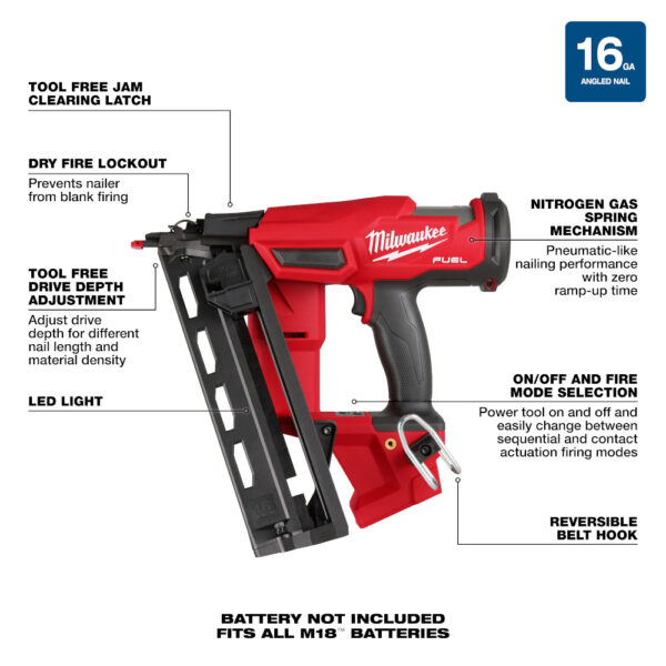 MILWAUKEE M18 FUEL™ 16 Gauge Angled Finish Nailer (Tool Only) - Image 6