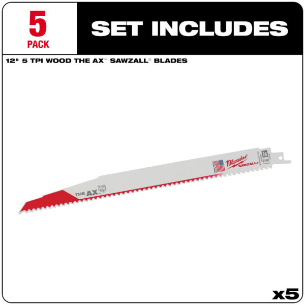 MILWAUKEE® 12" SAWZALL® The AX™ Nail Embedded Wood Blades 5/PK - Image 4