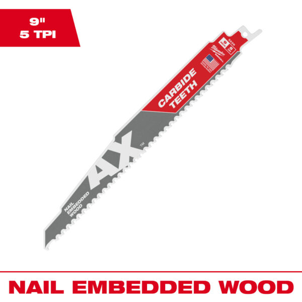 MILWAUKEE® 9" SAWZALL® The AX™ with Carbide Teeth Wood Blade 5TPI 1/PK - Image 2