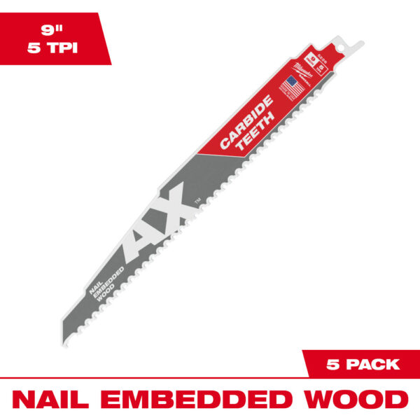 MILWAUKEE® 9" SAWZALL® The AX™ with Carbide Teeth Wood Blades 5/PK 1