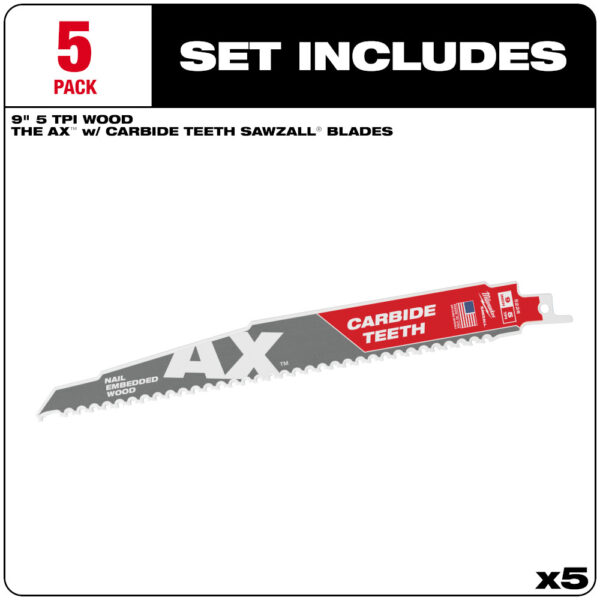 MILWAUKEE® 9" SAWZALL® The AX™ with Carbide Teeth Wood Blades 5/PK 3