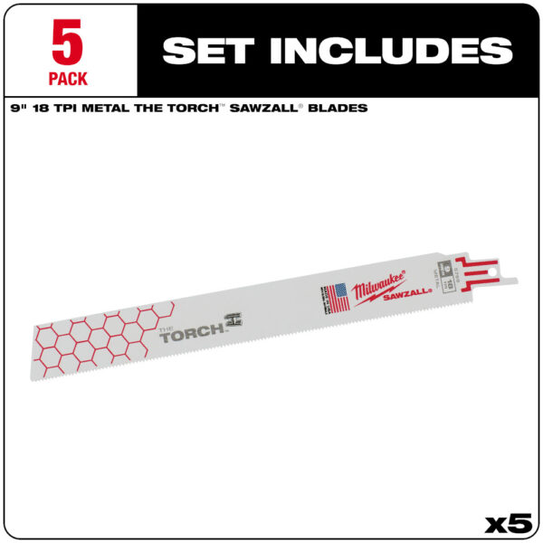 MILWAUKEE® 9&quot; SAWZALL® TORCH™ Metal Demolition Blade 18TPI 5/PK - Image 4