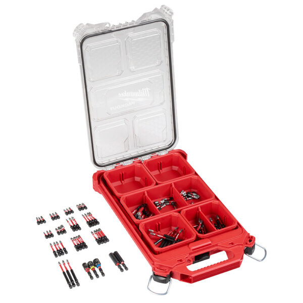 MILWAUKEE 100 Piece Shockwave Packout Can includes 100 assorted impact bits and a Packout case with a clear lid that is open. Some impact bits are spread out to the left of the case.