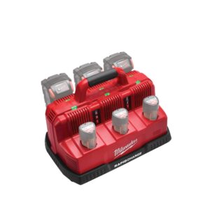 MILWAUKEE M18™ &amp; M12™ Rapid Charge Station - a red charger with a black base, a top carry handle, 3 bays for M12 batteries, and 3 bays for M18 batteries