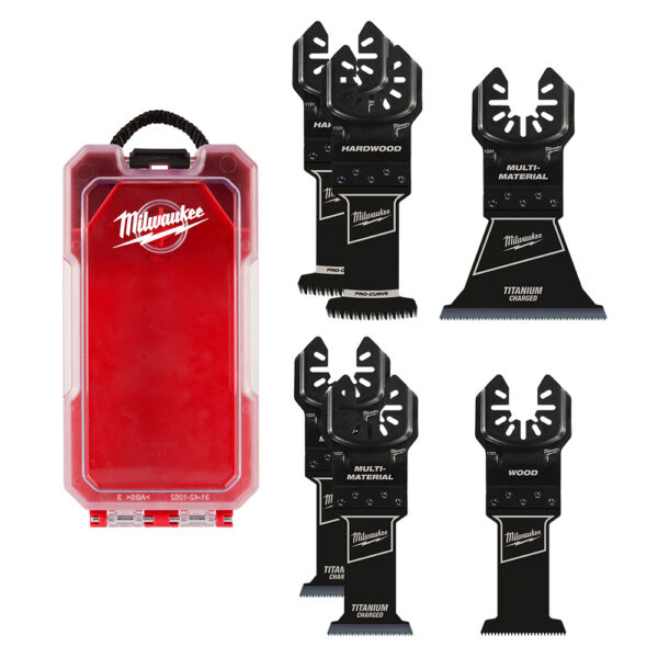 MILWAUKEE® OPEN-LOK™ 6 Piece Multi-Tool Blade Kit including 6 black oscillating blades and a red plastic case