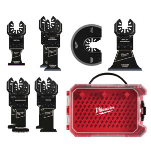 MILWAUKEE® OPEN-LOK™ 9 Piece Multi-Tool Blade Kit including 9 black assorted oscillating blades and a red plastic storage case