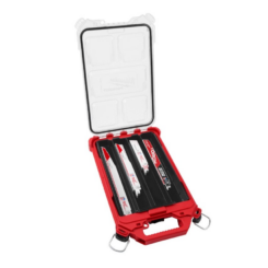 MILWAUKEE 22 Piece Sawzall® Blade PACKOUT™ Kit includes 22 assorted reciprocating saw blades in a Packout case with a clear lid that is open. On the front of the case is a red handle and 2 latches.