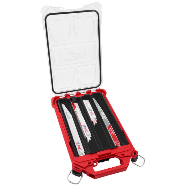 MILWAUKEE 15PC SAWZALL® Blade PACKOUT™ Kit includes 15 assorted reciprocating saw blades in a Packout case with a clear lid that is open. On the front of the case is a red handle and 2 latches.