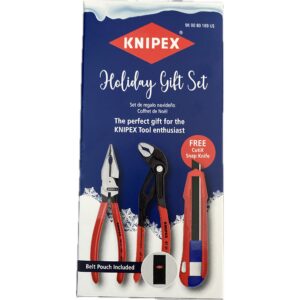 KNIPEX Holiday Gift Set in a blue and white box with images of 3 tools on the box including a needle-nose combination pliers, a cobra waterpump pliers, and a knife