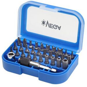 VEGA 32 pc Tamperproof Driver Bit Set with an adapter, all in a blue plastic case with open lid