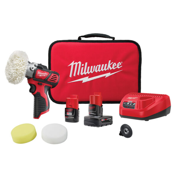 MILWAUKEE M12™ Variable Speed Polisher/Sander Kit including a cordless polisher, 2 batteries, buffer pads, a battery charger, and a kit case