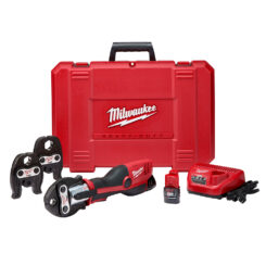 MILWAUKEE M12™ FORCE LOGIC™ Press Tool Kit with Jaws, 2 batteries, a battery charger, and a hard plastic case