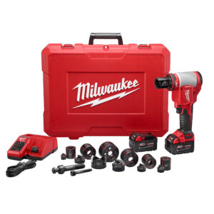 MILWAUKEE M18™ FORCE LOGIC™ 10T Knockout Tool 1/2" - 2" Kit with knockout dies, 2 batteries, a battery charger, and a hard plastic case