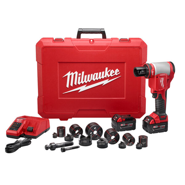 MILWAUKEE M18™ FORCE LOGIC™ 10T Knockout Tool 1/2" - 2" Kit with knockout dies, 2 batteries, a battery charger, and a hard plastic case