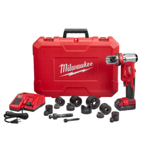 MILWAUKEE M18™ FORCE LOGIC™ 6T Knockout Tool 1/2&quot; - 2&quot; Kit with punchout dies, a battery, a battery charger, and a hard plastic case