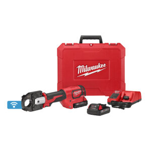 MILWAUKEE M18™ FORCE LOGIC™ 600 MCM Crimper with 2 batteries, a battery charger, and a hard plastic case